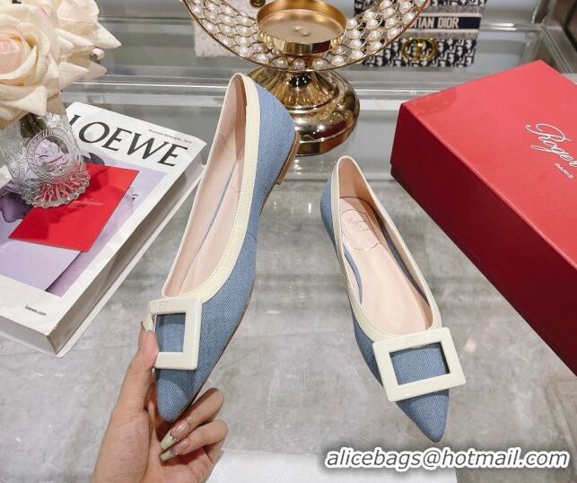 Good Quality Roger Vivier Gommettine Buckle Ballerinas Flat in Light Blue Denim 105032