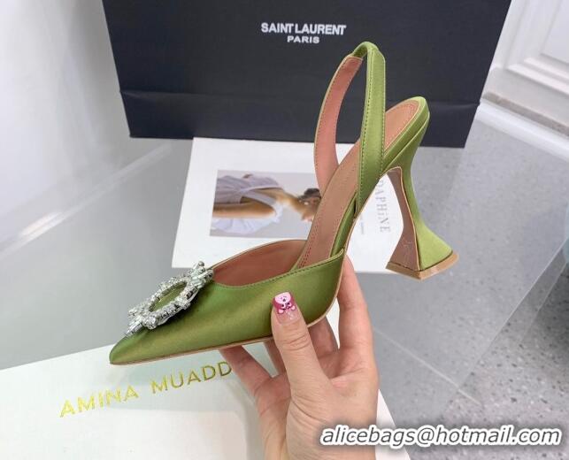 Grade Amina Muaddi Begum Embellished Slingback Pumps 9.5 cm in Silk and Crystals Green 214070