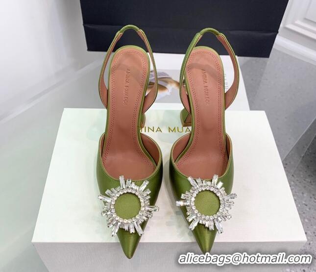 Grade Amina Muaddi Begum Embellished Slingback Pumps 9.5 cm in Silk and Crystals Green 214070