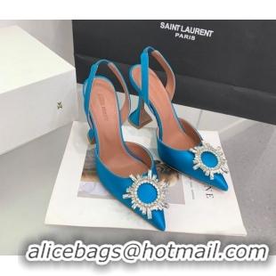 Low Cost Amina Muaddi Begum Embellished Slingback Pumps 9.5 cm in Silk and Crystals Light Blue 214071