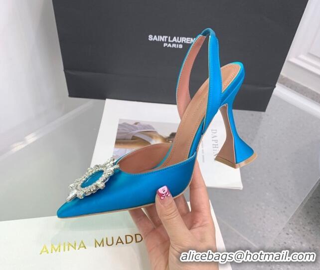 Low Cost Amina Muaddi Begum Embellished Slingback Pumps 9.5 cm in Silk and Crystals Light Blue 214071