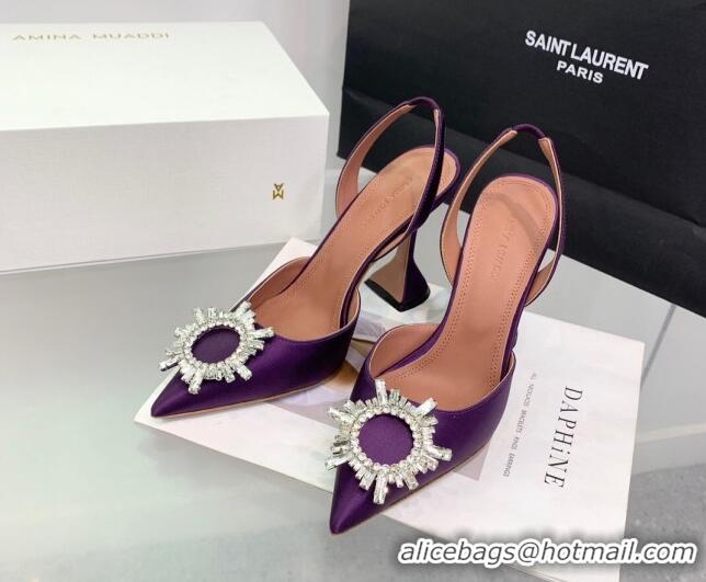 Trendy Design Amina Muaddi Begum Embellished Slingback Pumps 9.5 cm in Silk and Crystals Purple 1214072