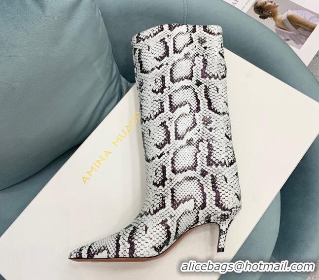 Grade Quality Amina Muaddi Fiona Medium Boots 6.5cm in Snakeskin Print Leather Grey 214075