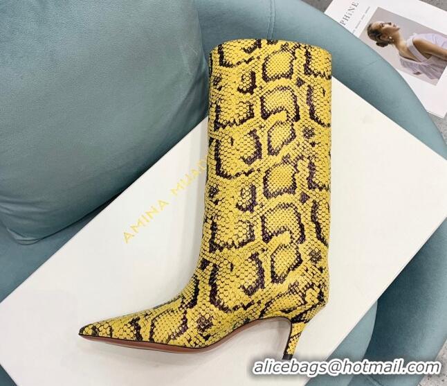 Best Price Amina Muaddi Fiona Medium Boots 6.5cm in Snakeskin Print Leather Yellow 214076