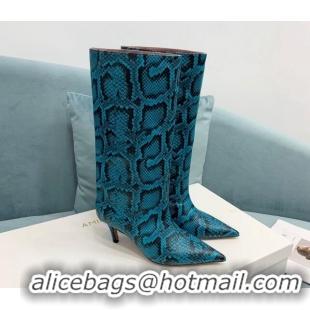 Top Grade Amina Muaddi Fiona Medium Boots 6.5cm in Snakeskin Print Leather Blue 214077