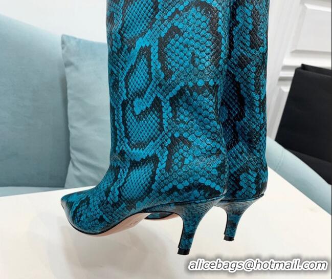 Top Grade Amina Muaddi Fiona Medium Boots 6.5cm in Snakeskin Print Leather Blue 214077