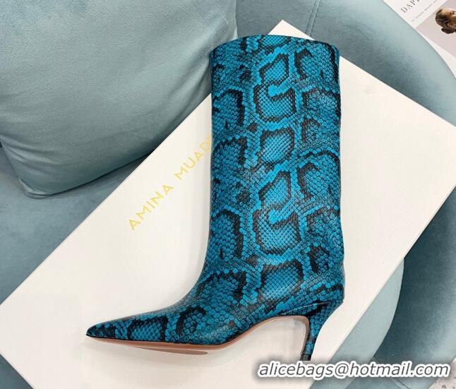 Top Grade Amina Muaddi Fiona Medium Boots 6.5cm in Snakeskin Print Leather Blue 214077