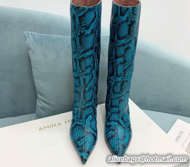 Top Grade Amina Muaddi Fiona Medium Boots 6.5cm in Snakeskin Print Leather Blue 214077