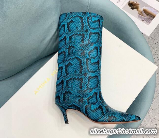 Top Grade Amina Muaddi Fiona Medium Boots 6.5cm in Snakeskin Print Leather Blue 214077