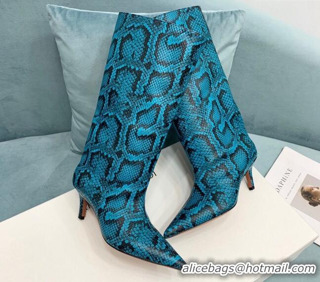 Top Grade Amina Muaddi Fiona Medium Boots 6.5cm in Snakeskin Print Leather Blue 214077