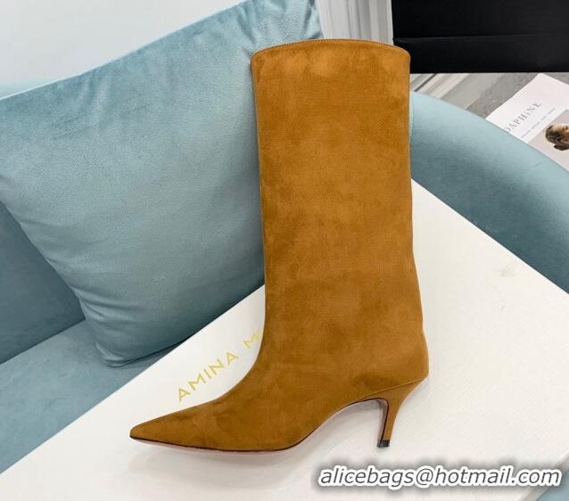 Charming Amina Muaddi Fiona Medium Boots 6.5cm in Suede Brown 214079