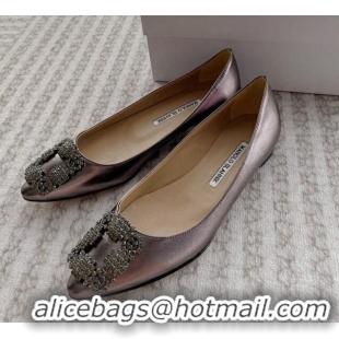 Unique Style Manolo Blahnik Classic Ballerinas Flat in Metallic Leather with Crystal Buckle Grey 121081