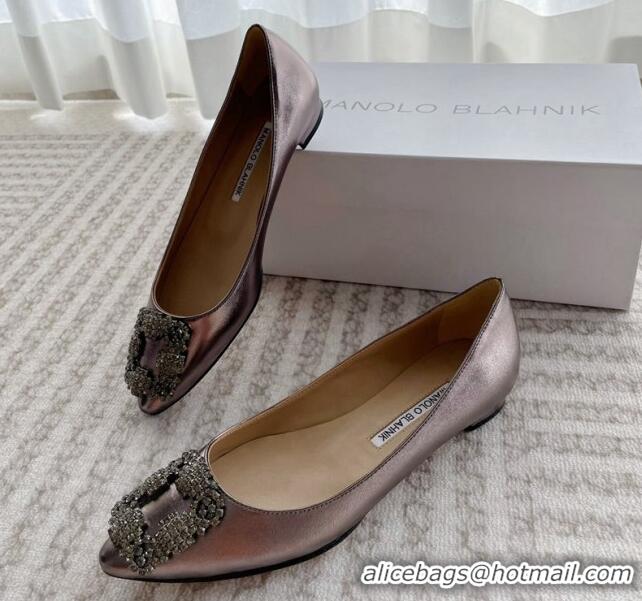 Unique Style Manolo Blahnik Classic Ballerinas Flat in Metallic Leather with Crystal Buckle Grey 121081