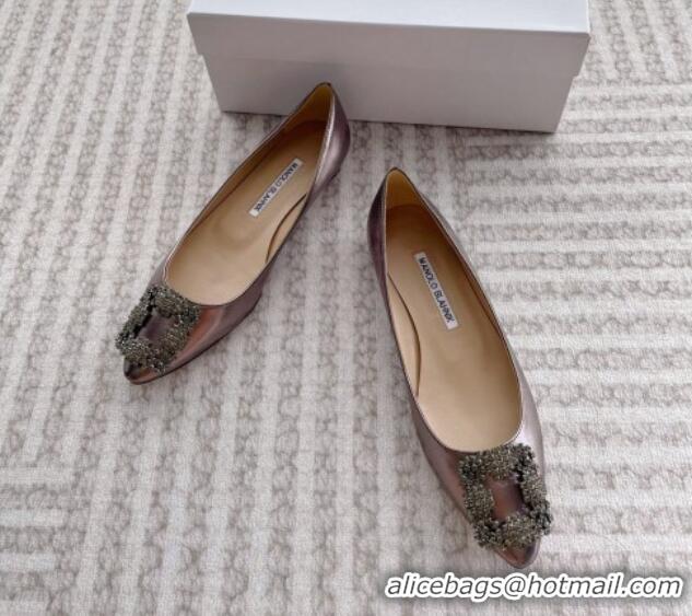 Unique Style Manolo Blahnik Classic Ballerinas Flat in Metallic Leather with Crystal Buckle Grey 121081