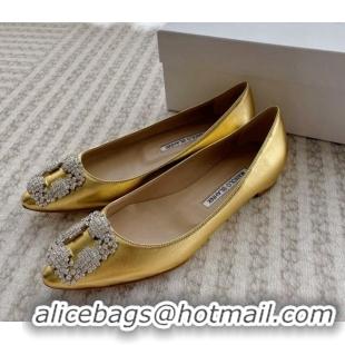 Best Product Manolo Blahnik Classic Ballerinas Flat in Metallic Leather with Crystal Buckle Yellow Gold 121082