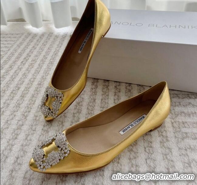 Best Product Manolo Blahnik Classic Ballerinas Flat in Metallic Leather with Crystal Buckle Yellow Gold 121082