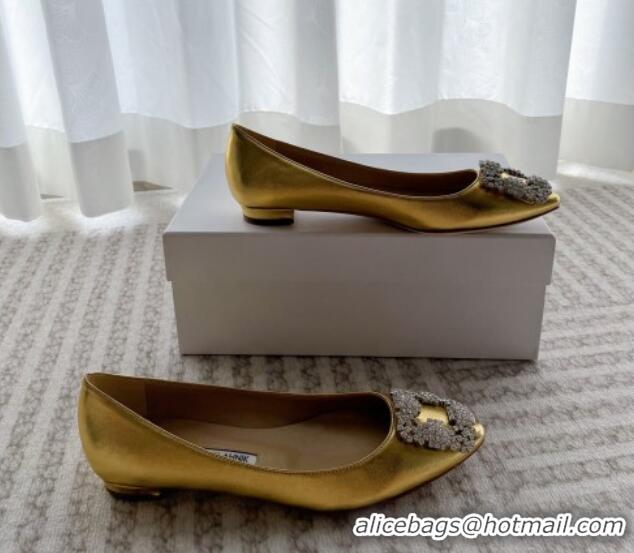 Best Product Manolo Blahnik Classic Ballerinas Flat in Metallic Leather with Crystal Buckle Yellow Gold 121082