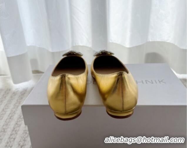 Best Product Manolo Blahnik Classic Ballerinas Flat in Metallic Leather with Crystal Buckle Yellow Gold 121082