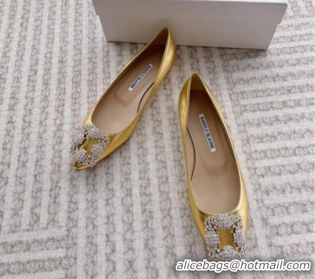 Best Product Manolo Blahnik Classic Ballerinas Flat in Metallic Leather with Crystal Buckle Yellow Gold 121082