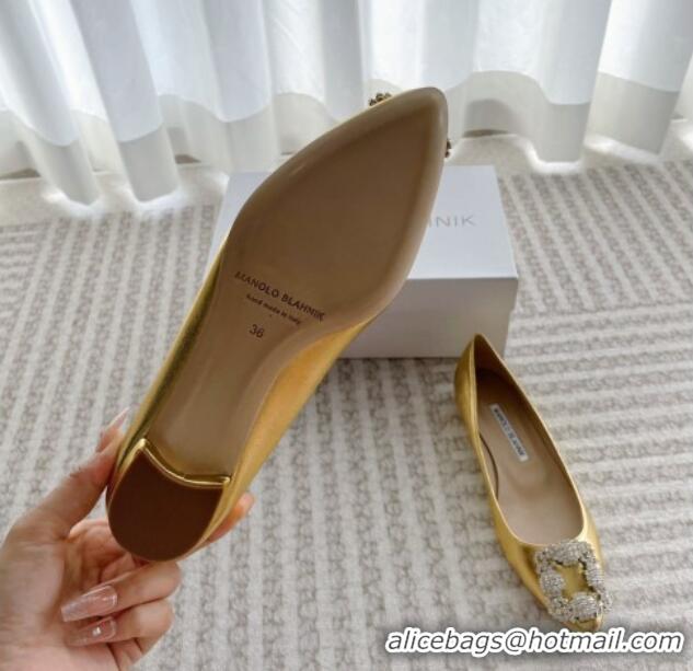 Best Product Manolo Blahnik Classic Ballerinas Flat in Metallic Leather with Crystal Buckle Yellow Gold 121082