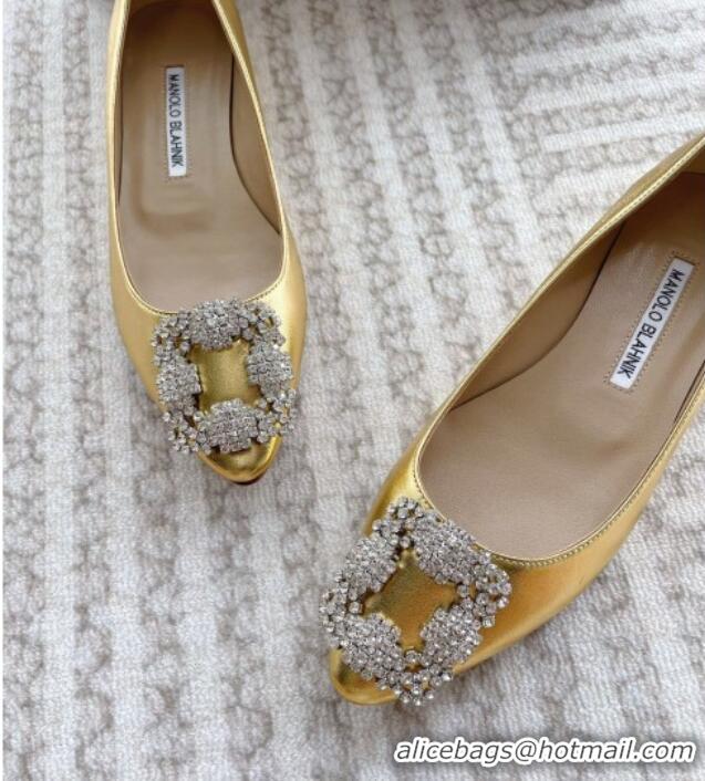 Best Product Manolo Blahnik Classic Ballerinas Flat in Metallic Leather with Crystal Buckle Yellow Gold 121082