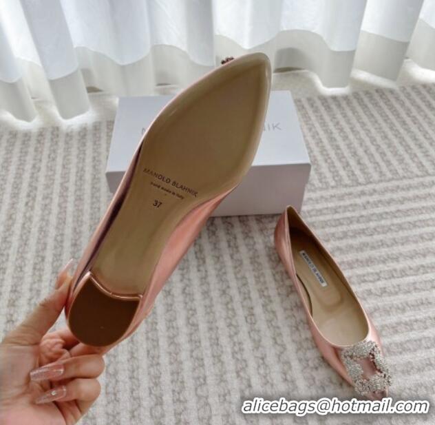 Pretty Style Manolo Blahnik Classic Ballerinas Flat in Metallic Leather with Crystal Buckle Pink 121083