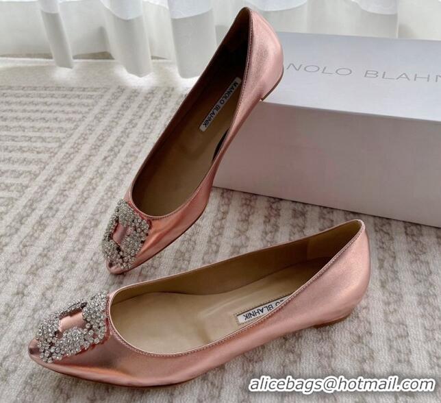 Pretty Style Manolo Blahnik Classic Ballerinas Flat in Metallic Leather with Crystal Buckle Pink 121083