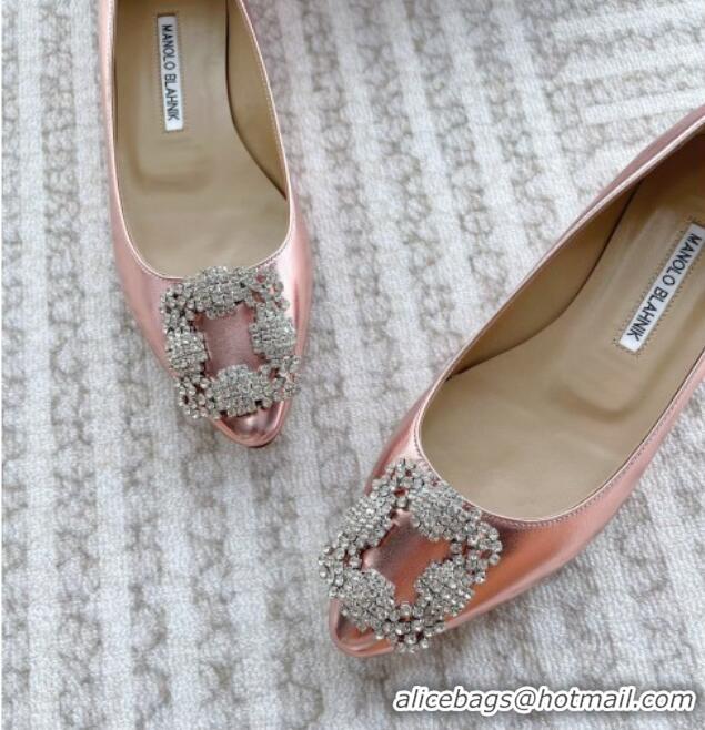 Pretty Style Manolo Blahnik Classic Ballerinas Flat in Metallic Leather with Crystal Buckle Pink 121083