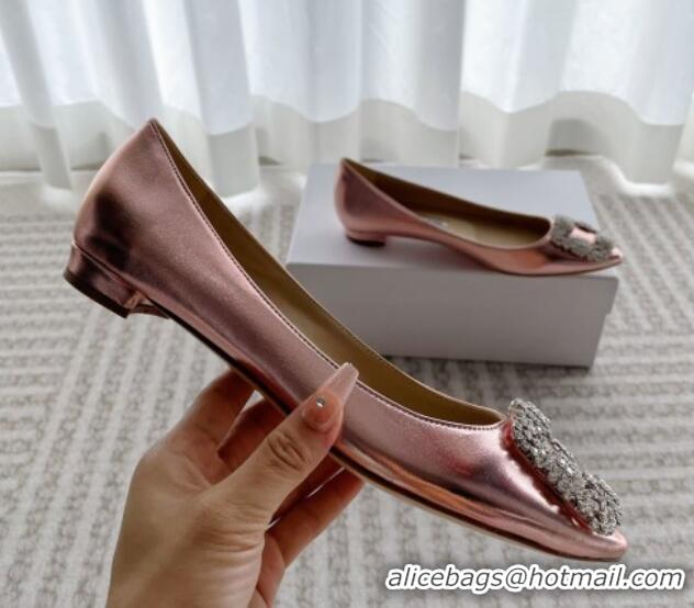 Pretty Style Manolo Blahnik Classic Ballerinas Flat in Metallic Leather with Crystal Buckle Pink 121083