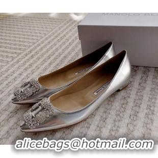 Top Design Manolo Blahnik Classic Ballerinas Flat in Metallic Leather with Crystal Buckle Silver 121084