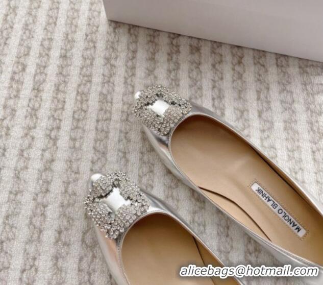 Top Design Manolo Blahnik Classic Ballerinas Flat in Metallic Leather with Crystal Buckle Silver 121084