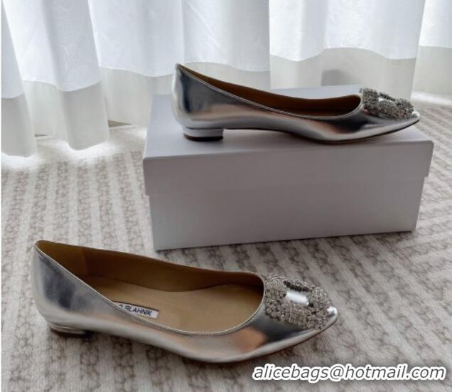 Top Design Manolo Blahnik Classic Ballerinas Flat in Metallic Leather with Crystal Buckle Silver 121084