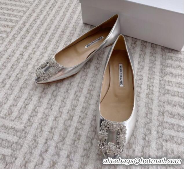 Top Design Manolo Blahnik Classic Ballerinas Flat in Metallic Leather with Crystal Buckle Silver 121084