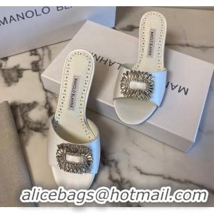 Top Grade Manolo Blahnik Classic Silk Heel Slide Sandals 5.5cm with Crystals White 215100