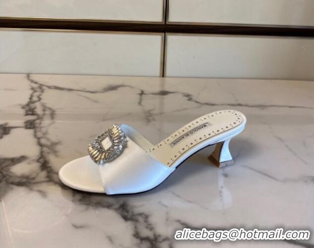 Top Grade Manolo Blahnik Classic Silk Heel Slide Sandals 5.5cm with Crystals White 215100