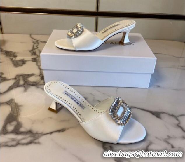 Top Grade Manolo Blahnik Classic Silk Heel Slide Sandals 5.5cm with Crystals White 215100