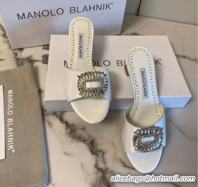 Top Grade Manolo Blahnik Classic Silk Heel Slide Sandals 5.5cm with Crystals White 215100