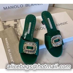 Popular Style Manolo Blahnik Classic Silk Heel Slide Sandals 5.5cm with Crystals Green 215101