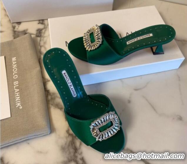 Popular Style Manolo Blahnik Classic Silk Heel Slide Sandals 5.5cm with Crystals Green 215101