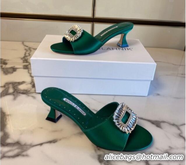 Popular Style Manolo Blahnik Classic Silk Heel Slide Sandals 5.5cm with Crystals Green 215101