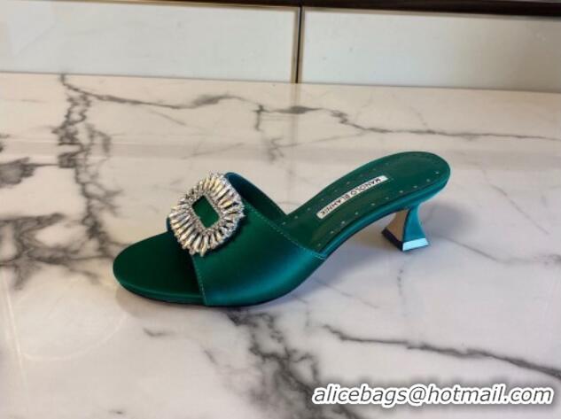 Popular Style Manolo Blahnik Classic Silk Heel Slide Sandals 5.5cm with Crystals Green 215101