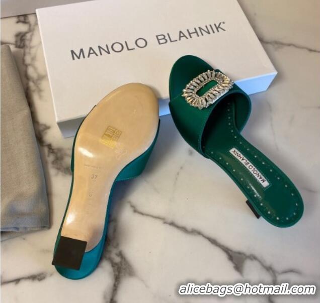 Popular Style Manolo Blahnik Classic Silk Heel Slide Sandals 5.5cm with Crystals Green 215101