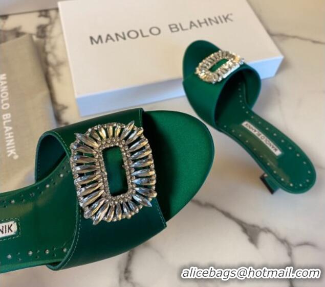 Popular Style Manolo Blahnik Classic Silk Heel Slide Sandals 5.5cm with Crystals Green 215101