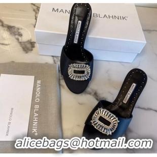 Good Looking Manolo Blahnik Classic Silk Heel Slide Sandals 5.5cm with Crystals Black 215102