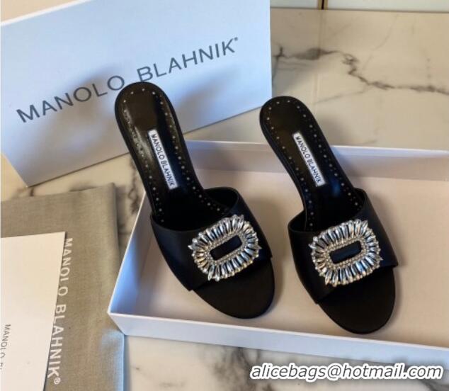 Good Looking Manolo Blahnik Classic Silk Heel Slide Sandals 5.5cm with Crystals Black 215102