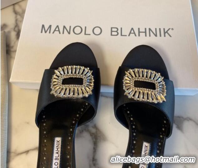 Good Looking Manolo Blahnik Classic Silk Heel Slide Sandals 5.5cm with Crystals Black 215102