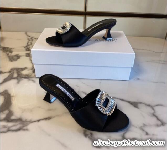 Good Looking Manolo Blahnik Classic Silk Heel Slide Sandals 5.5cm with Crystals Black 215102