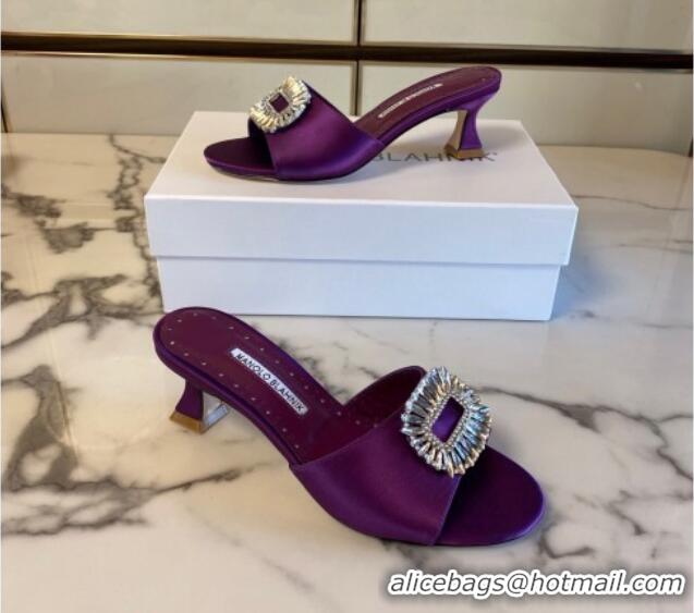 Cheap Price Manolo Blahnik Classic Silk Heel Slide Sandals 5.5cm with Crystals Purple 215103