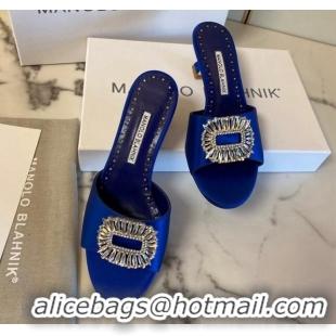 Grade Quality Manolo Blahnik Classic Silk Heel Slide Sandals 5.5cm with Crystals Blue 215104