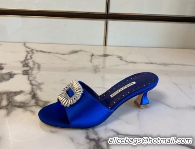 Grade Quality Manolo Blahnik Classic Silk Heel Slide Sandals 5.5cm with Crystals Blue 215104